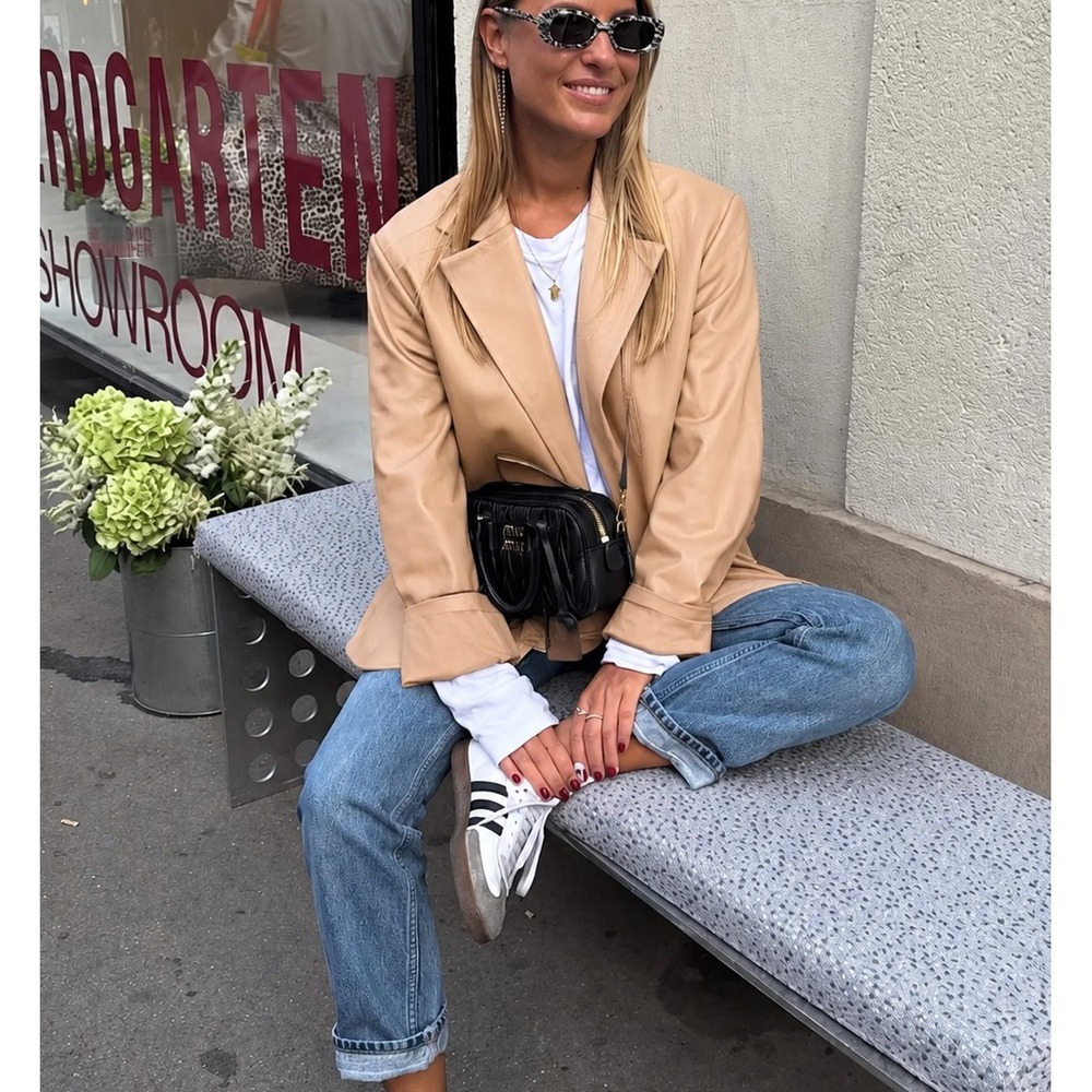 Avec Les Filles Faux Leather Blazer Jacket M Camel Tan Oversized Boyfriend Fit